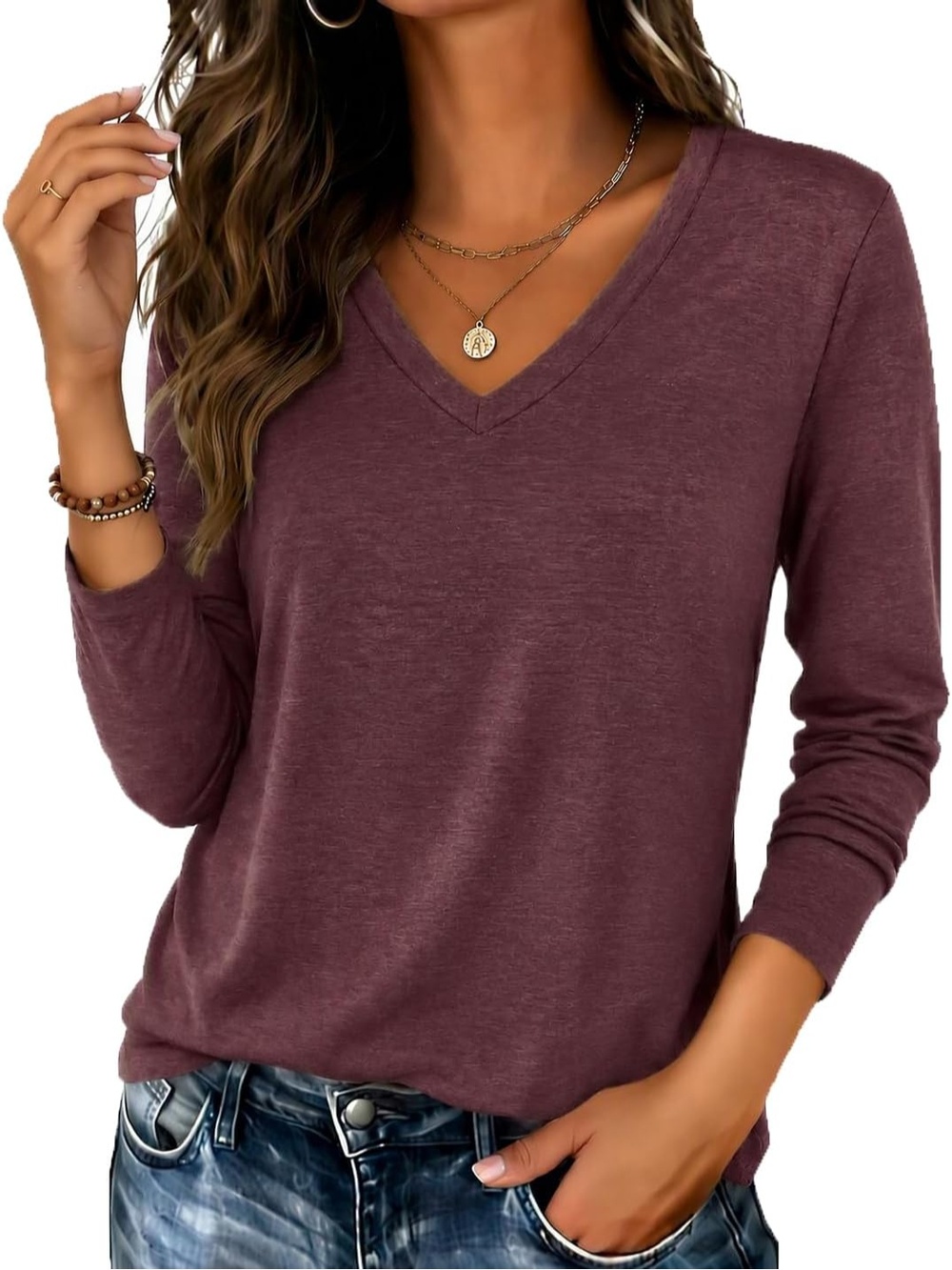 Women's Wine Red V Neck Long Sleeve Casual Basic Tee Fall Outfits Printed Tops